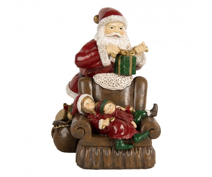 Červená vánoční dekorace Santa stojící u křesla s dětmi - 17*13*18 cm Clayre & Eef