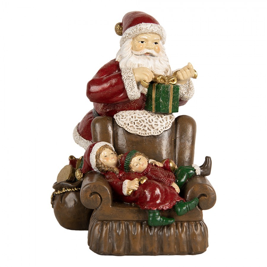 Červená vánoční dekorace Santa stojící u křesla s dětmi - 17*13*18 cm