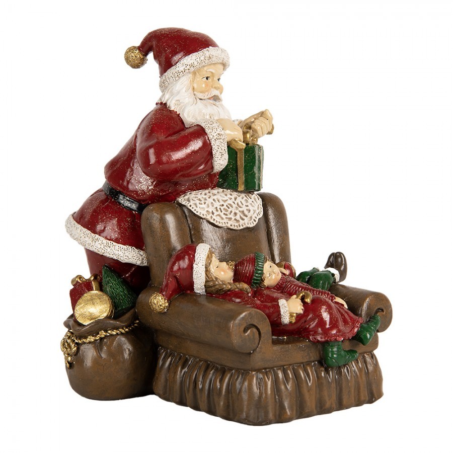 Červená vánoční dekorace Santa stojící u křesla s dětmi - 17*13*18 cm