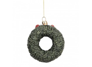 Závěsná dekorace zelený věneček s červenou mašlí - 9*4*11cm
