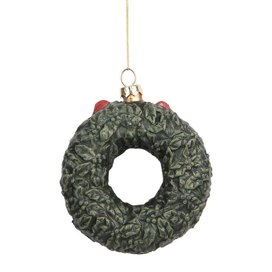 Závěsná dekorace zelený věneček s červenou mašlí - 9*4*11cm