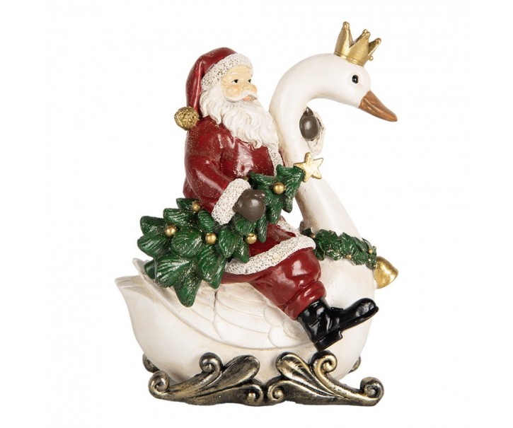 Červená vánoční dekorace Santa Claus na labuti - 13*10*16 cm Clayre & Eef
