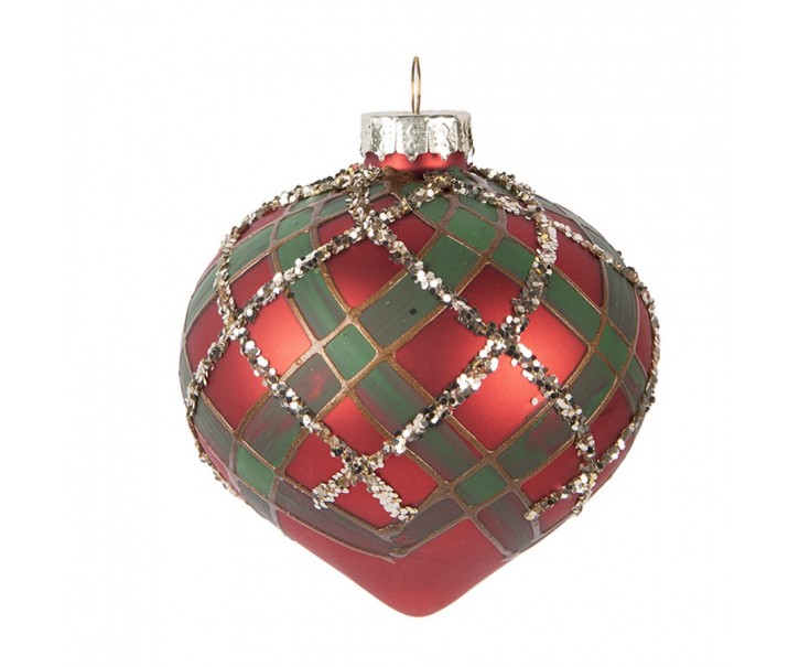 Červenozelená károvaná skleněná ozdoba špičatá baňka - Ø 8*8 cm Clayre & Eef