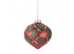 Červenozelená károvaná skleněná ozdoba špičatá baňka - Ø 8*8 cm
