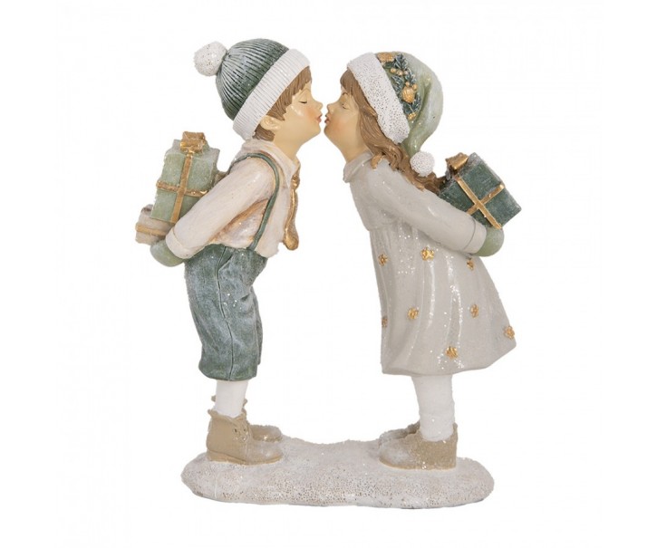 Zimní vánoční béžová dekorace děti s dárečky dávající si pusu - 15*6*18 cm Clayre & Eef