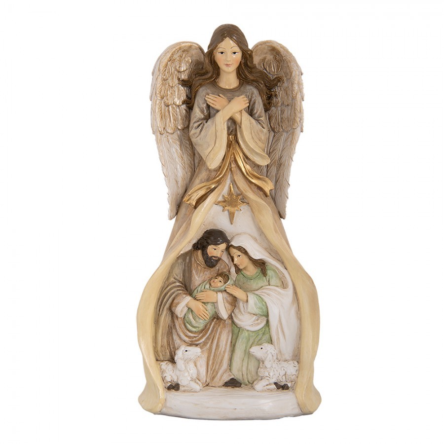Béžová antik dekorace anděl se svatou rodinou Angel - 15*12*30 cm