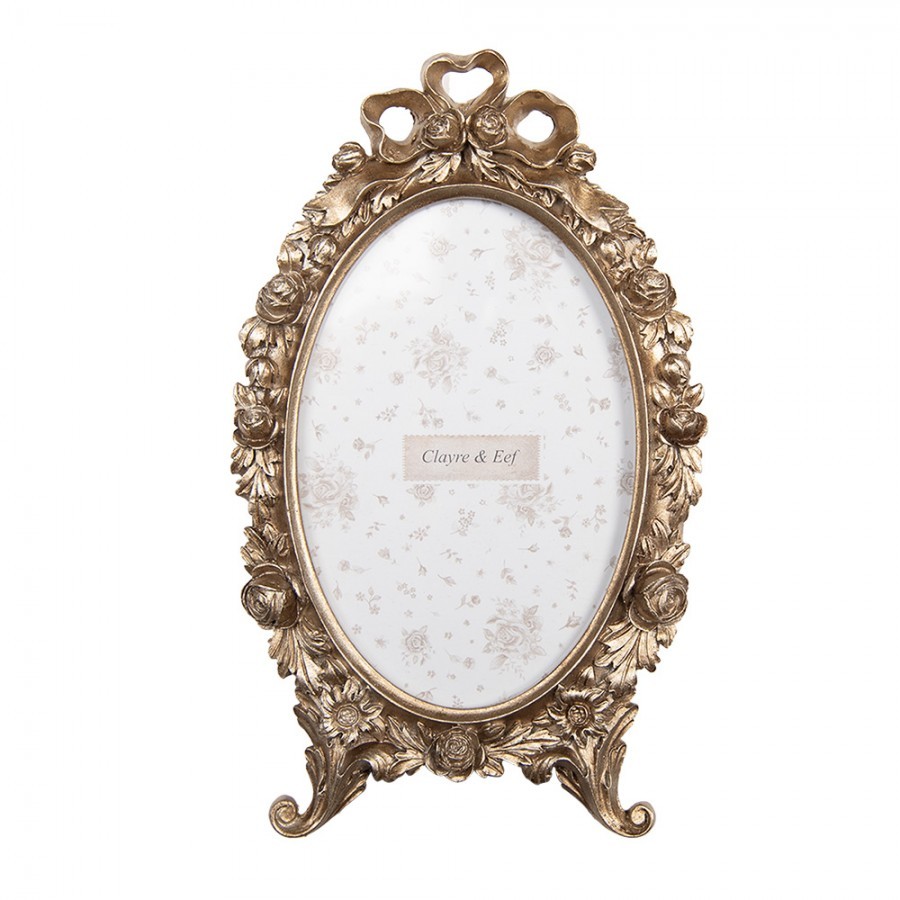 Zlatý antik fotorámeček zdobený mašlí a růžemi - 13*2*23 cm / 10*15 cm