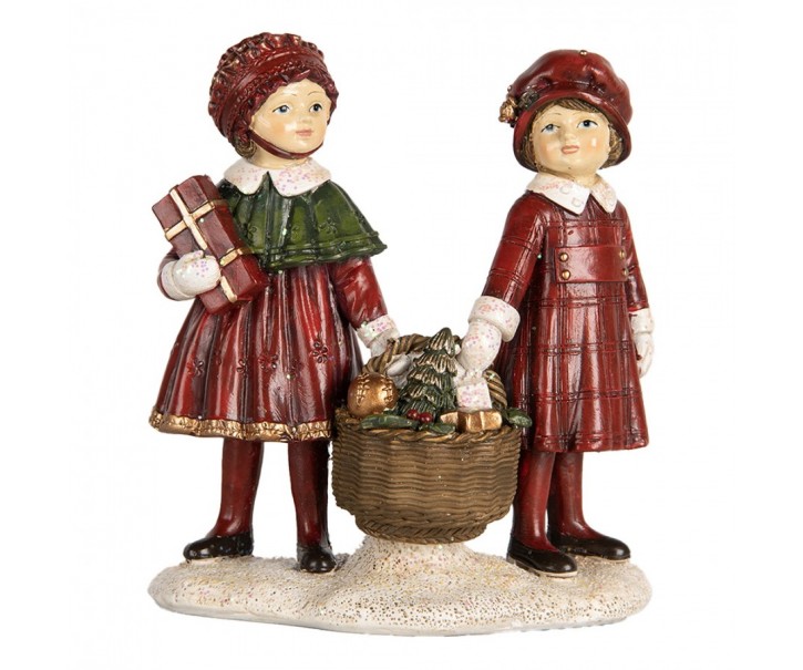 Červeno-zelená vánoční dekorace děti s košíkem dárků - 11*6*12 cm Clayre & Eef