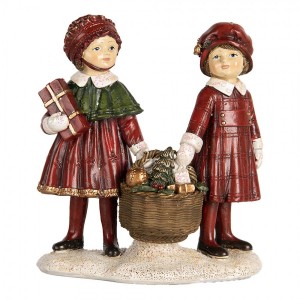 Červeno-zelená vánoční dekorace děti s košíkem dárků - 11*6*12 cm