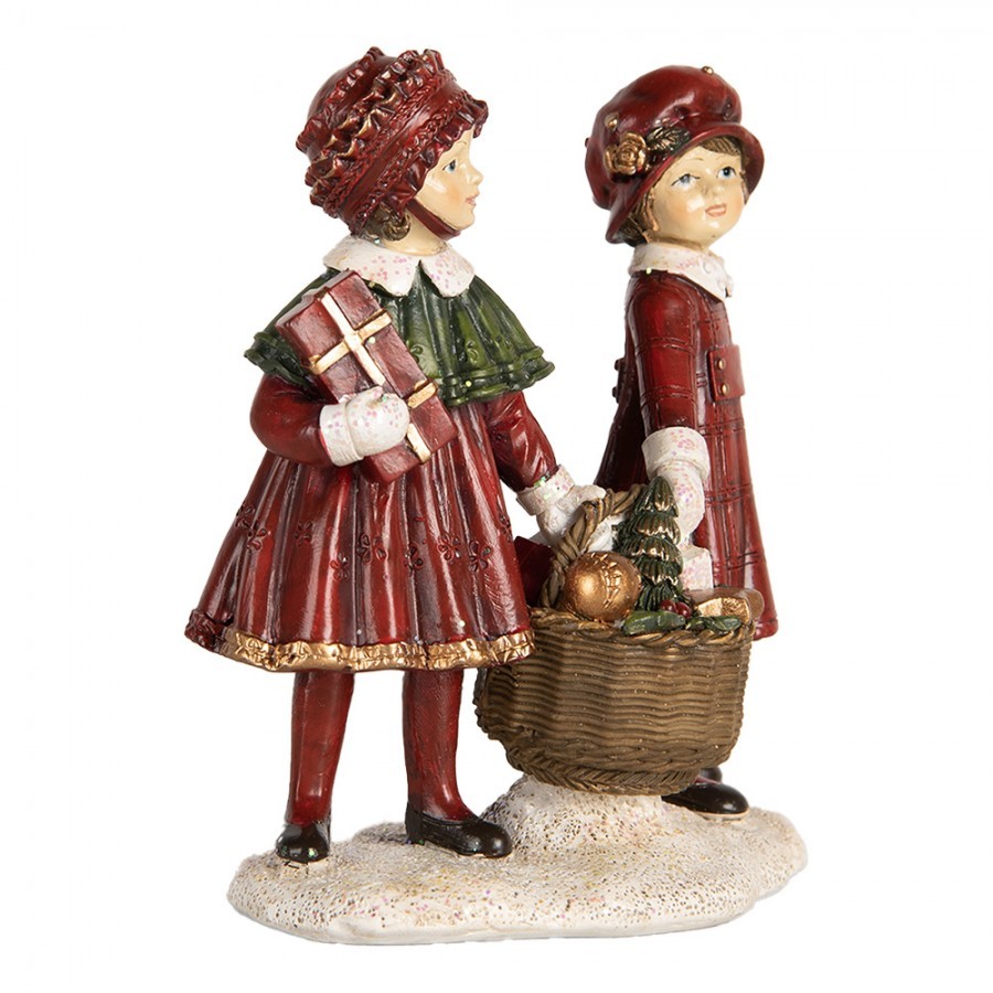Červeno-zelená vánoční dekorace děti s košíkem dárků - 11*6*12 cm