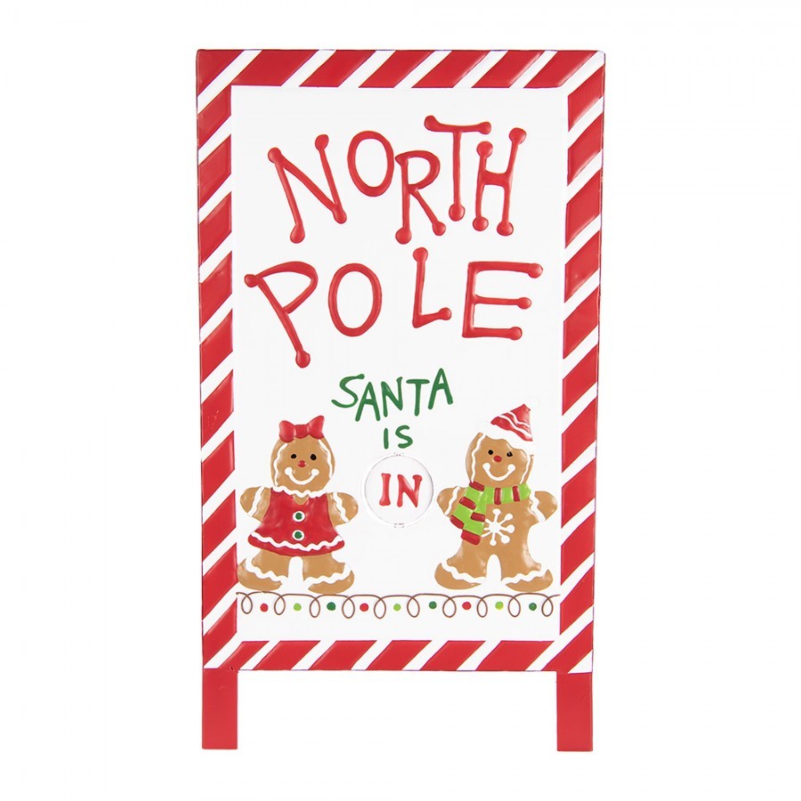 Bílo-červená vánoční kovová cedule North Pole - 29*16*51 cm