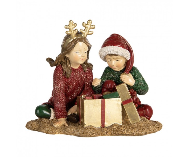 Červeno-zelená dekorace děti s dárkem - 14*9*11 cm Clayre & Eef
