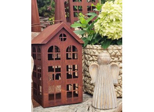 Rezavá antik plechová lucerna domek Amster - 19*19*33 cm