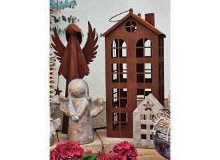 Rezavá antik plechová lucerna domek Amster - 28*28*62 cm