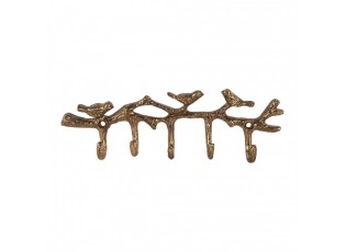 Zlatý antik nástěnný kovový věšák s 5ti háčky a ptáčky - 18*2*6 cm