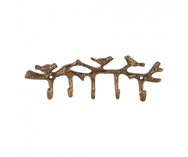 Zlatý antik nástěnný kovový věšák s 5ti háčky a ptáčky - 18*2*6 cm Clayre & Eef