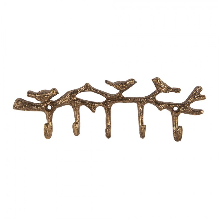 Zlatý antik nástěnný kovový věšák s 5ti háčky a ptáčky - 18*2*6 cm