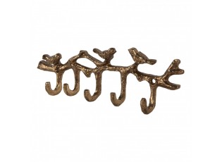 Zlatý antik nástěnný kovový věšák s 5ti háčky a ptáčky - 18*2*6 cm