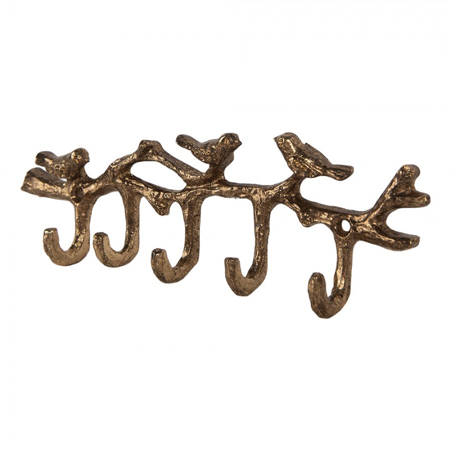 Zlatý antik nástěnný kovový věšák s 5ti háčky a ptáčky - 18*2*6 cm