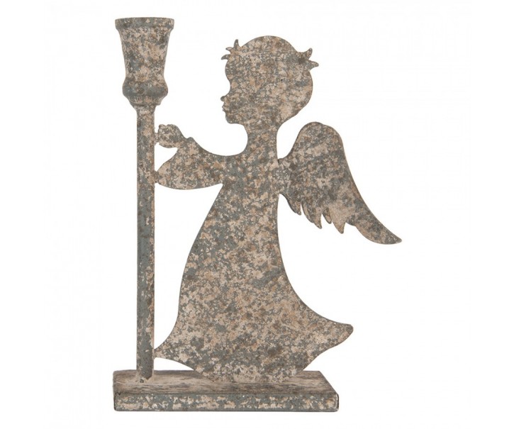 Šedý antik kovový svícen na úzkou svíčku anděl Angel - 22*8*28 cm Clayre & Eef