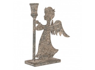 Šedý antik kovový svícen na úzkou svíčku anděl Angel - 22*8*28 cm