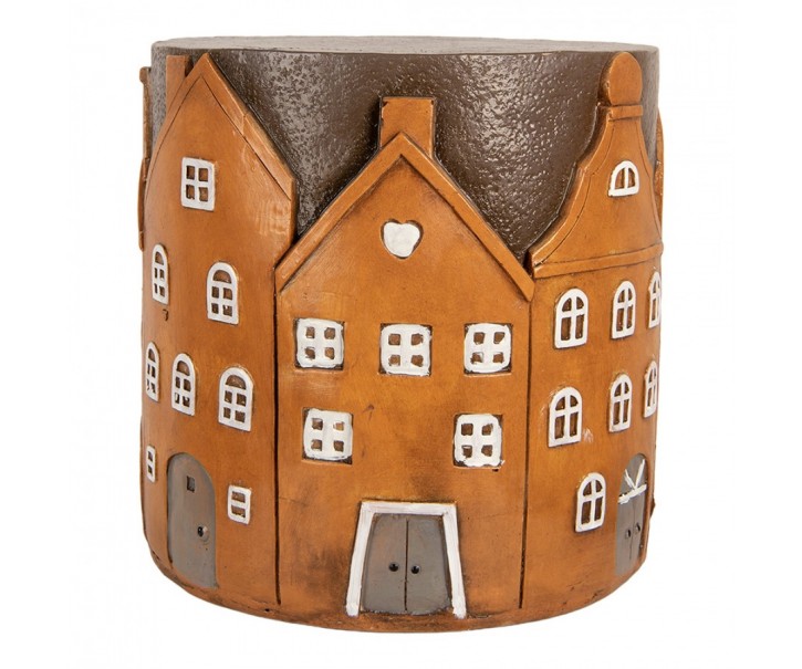 Hnědý cihlový odkládací stolek s domky Amster - Ø 39*40 cm Clayre & Eef
