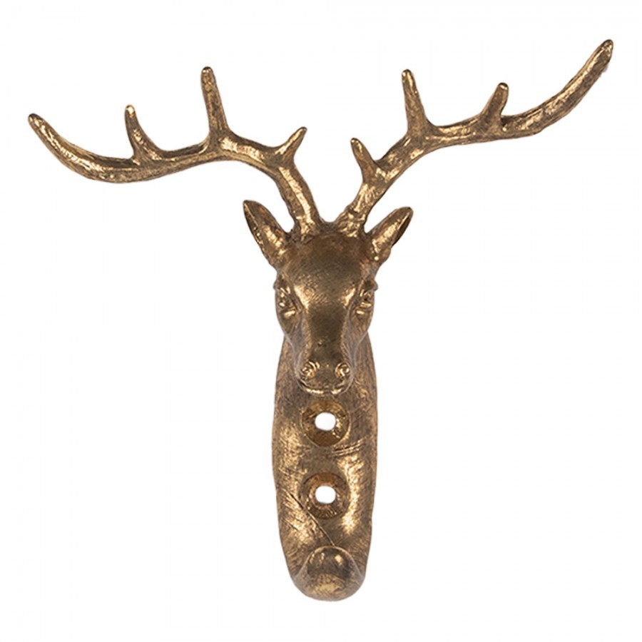 Zlatý antik nástěnný kovový háček hlava jelena - 13*5*12 cm Clayre & Eef Zlatý antik nástěnný kovový háček hlava jelena - 13*5*12 cm Clayre & Eef