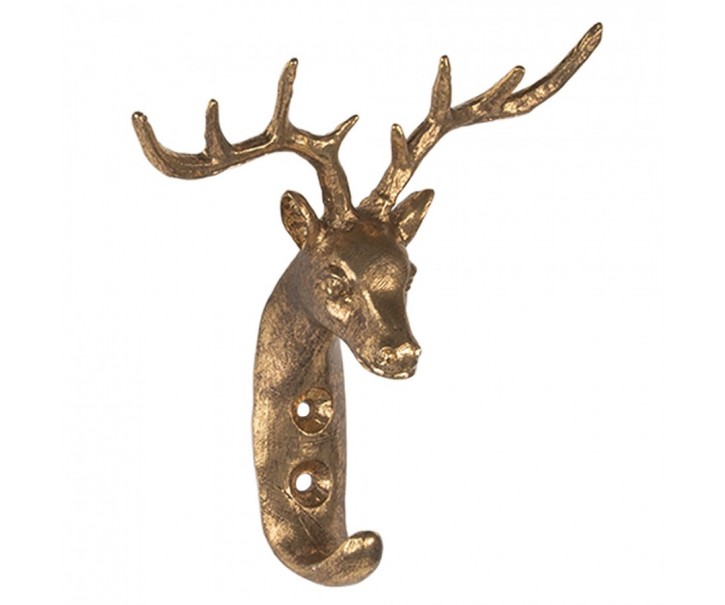 Zlatý antik nástěnný kovový háček hlava jelena - 13*5*12 cm Clayre & Eef