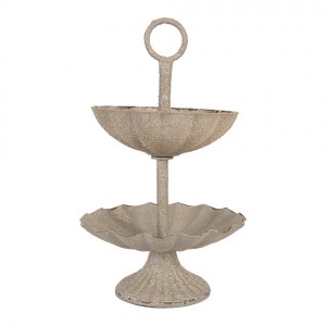 Šedý antik kovový dvoupatrový etažér - Ø 15*24 cm
