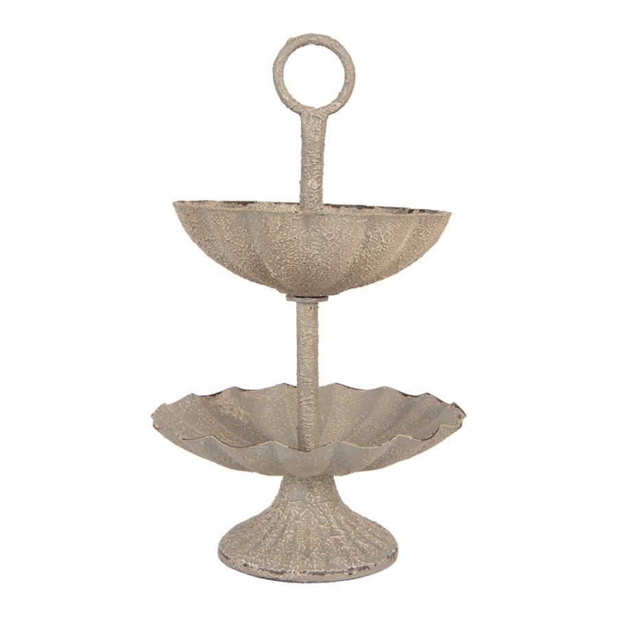 Šedý antik kovový dvoupatrový etažér - Ø 15*24 cm