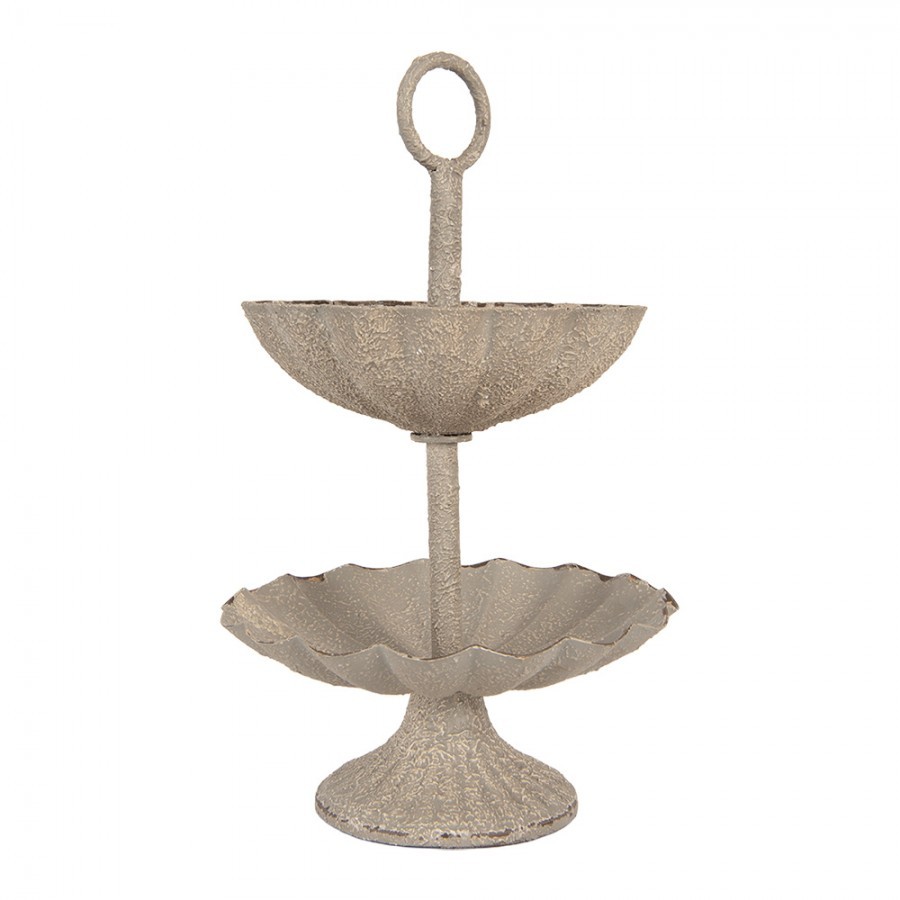 Šedý antik kovový dvoupatrový etažér - Ø 15*24 cm