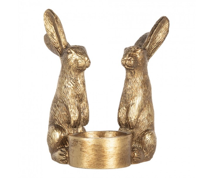 Zlatý antik svícen na čajovou svíčku s králíky - 10*8*12 cm Clayre & Eef