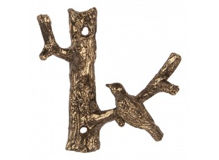Zlatý antik nástěnný kovový věšák s ptáčkem - 9*5*9 cm