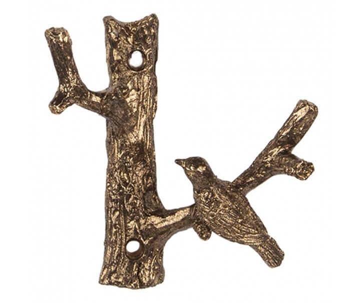 Zlatý antik nástěnný kovový věšák s ptáčkem - 9*5*9 cm Clayre & Eef