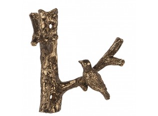 Zlatý antik nástěnný kovový věšák s ptáčkem - 9*5*9 cm
