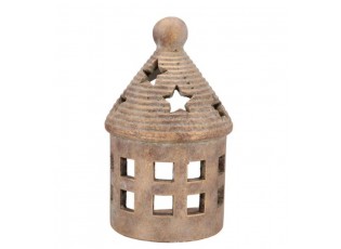 Zlatý antik cementový svícen půlkruhový domek House Gold - 14*10*23 cm