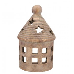 Zlatý antik cementový svícen půlkruhový domek House Gold - 14*10*23 cm