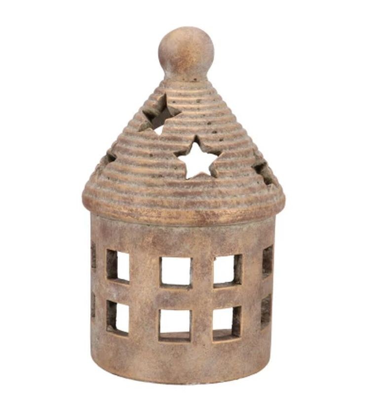 Zlatý antik cementový svícen půlkruhový domek House Gold - 14*10*23 cm