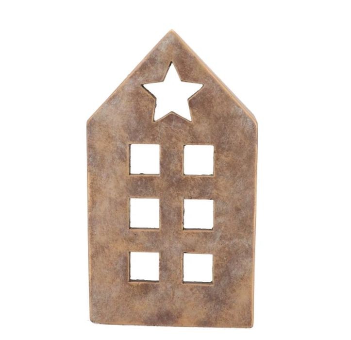 Zlatý antik cementový svícen domek House Gold - 19*12*33 cm