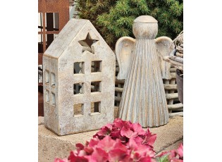 Zlatý antik cementový svícen domek House Gold - 11*11*29 cm