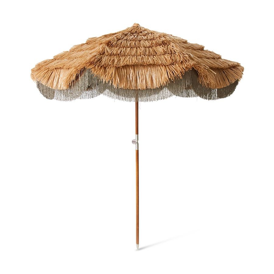 Hnědý rafiový slunečník s třásněmi Serengeti - Ø 192*230 cm