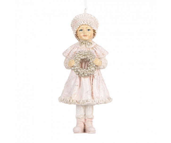 Růžová závěsná dekorace děvčátko držící věneček - 5*5*11 cm Clayre & Eef