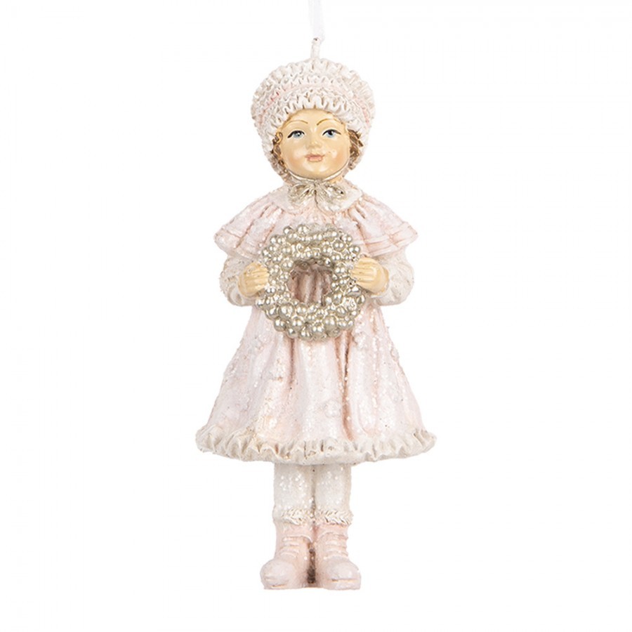 Růžová závěsná dekorace děvčátko držící věneček - 5*5*11 cm