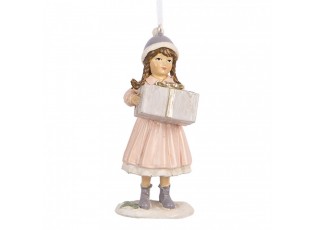Růžová závěsná dekorace děvčátko držící dárek - 5*5*11 cm