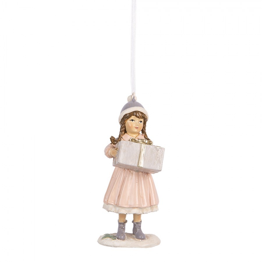 Růžová závěsná dekorace děvčátko držící dárek - 5*5*11 cm