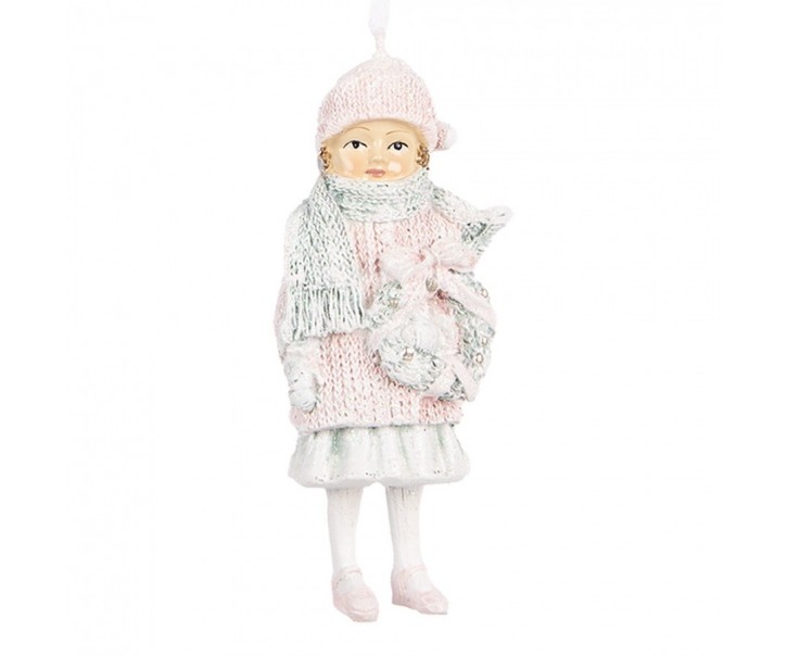 Růžová závěsná dekorace děvčátko ve svetříku držící věneček - 5*4*11 cm Clayre & Eef
