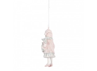 Růžová závěsná dekorace děvčátko ve svetříku držící věneček - 5*4*11 cm