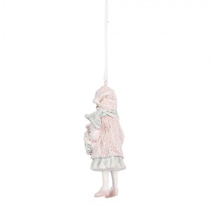 Růžová závěsná dekorace děvčátko ve svetříku držící věneček - 5*4*11 cm