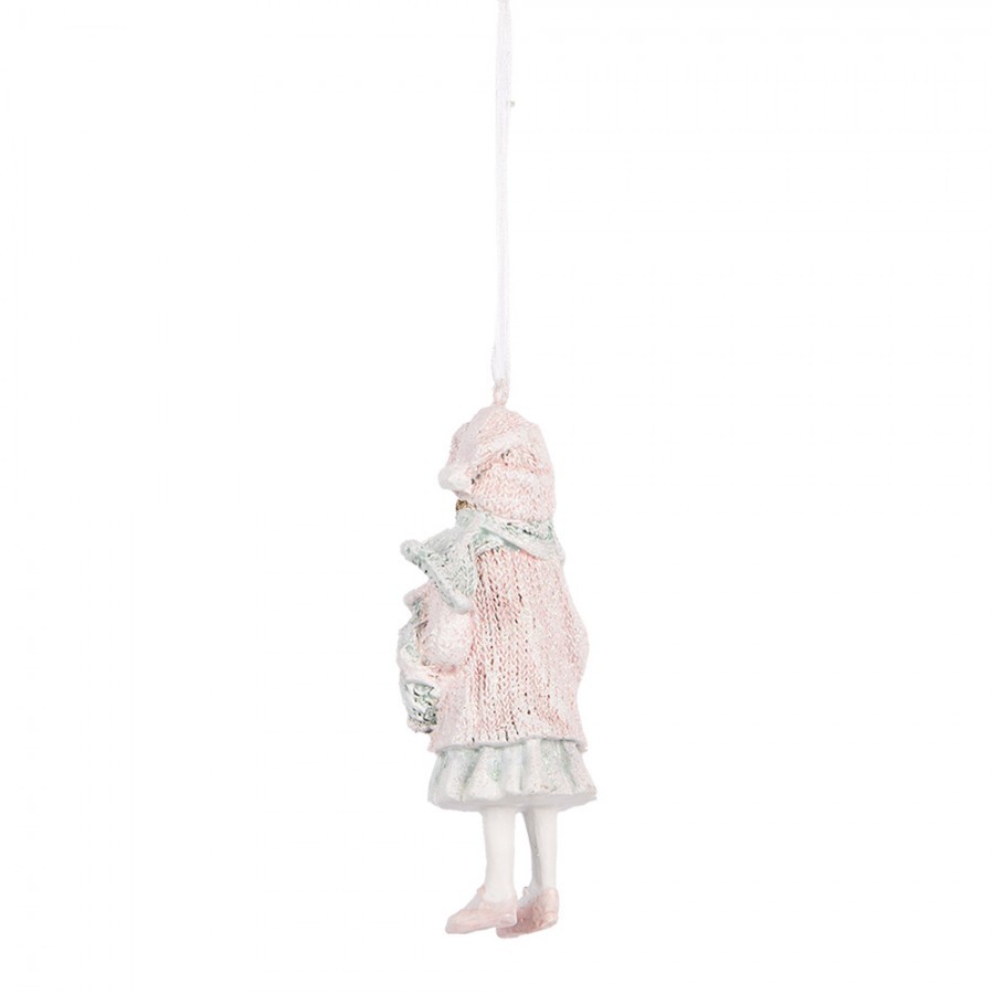 Růžová závěsná dekorace děvčátko ve svetříku držící věneček - 5*4*11 cm