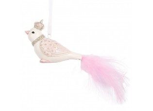 Bílo-růžová závěsná dekorace ptáček s peříčkovým ocáskem - 8*5*5 cm